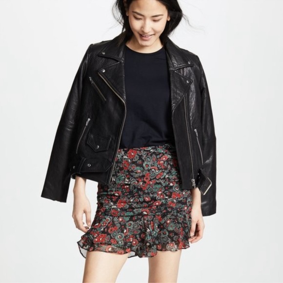 VERONICA BEARD Mini Skirt Black Red Sz 2 Floral Print Ruched Front Zip Chic - Picture 1 of 12